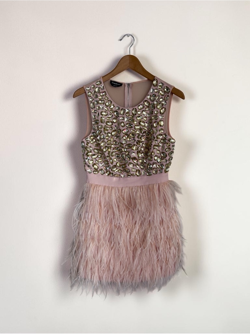 bebe Pink Feathered Rhinestone Mini Dress Party Dress Size 4